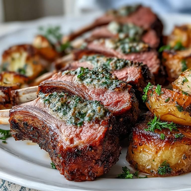 Fresh herbs and lemon zest top the One-Pan Roast Rack of Lamb and Green Olive Potatoes for a bright Mediterranean finish.