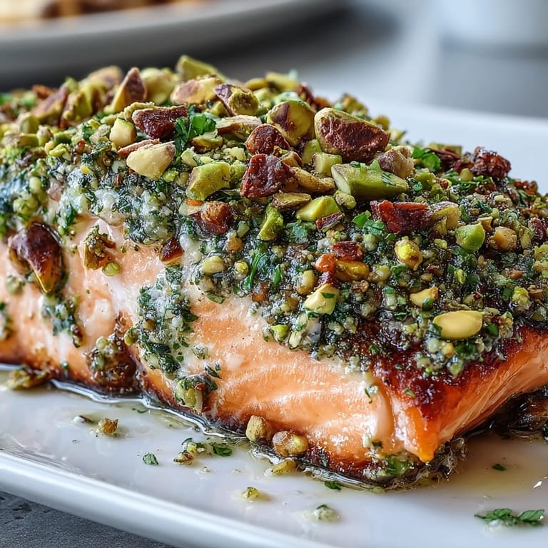 A close-up of Confit Salmon With Tahini, Pistachio and Herb Crust showing flaky fish and crunchy topping.