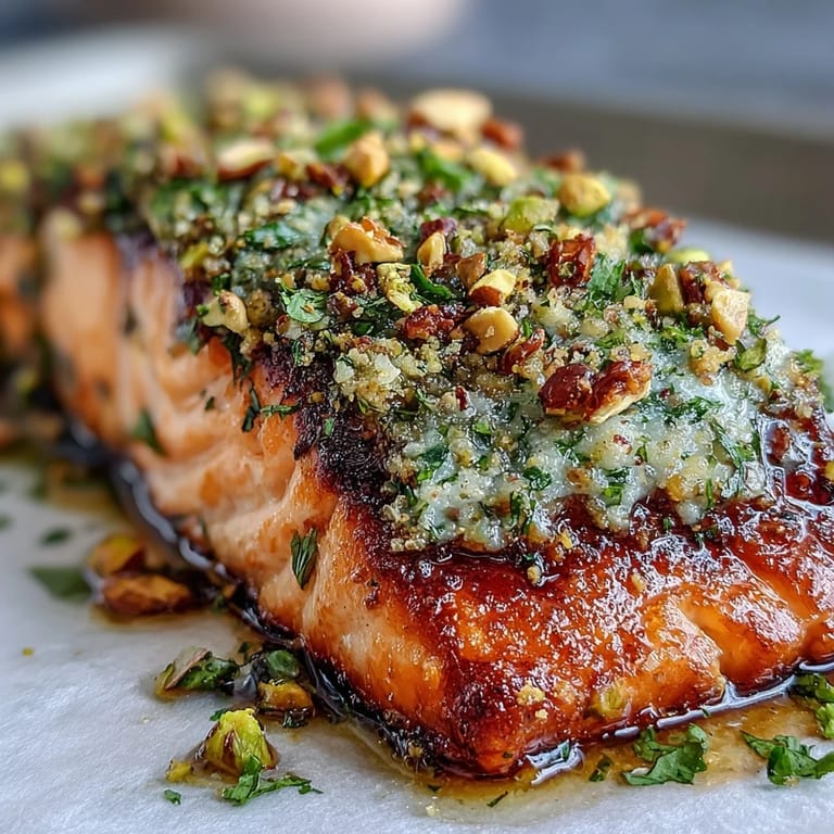 Freshly prepared Confit Salmon With Tahini, Pistachio and Herb Crust served with herbs and olive oil.