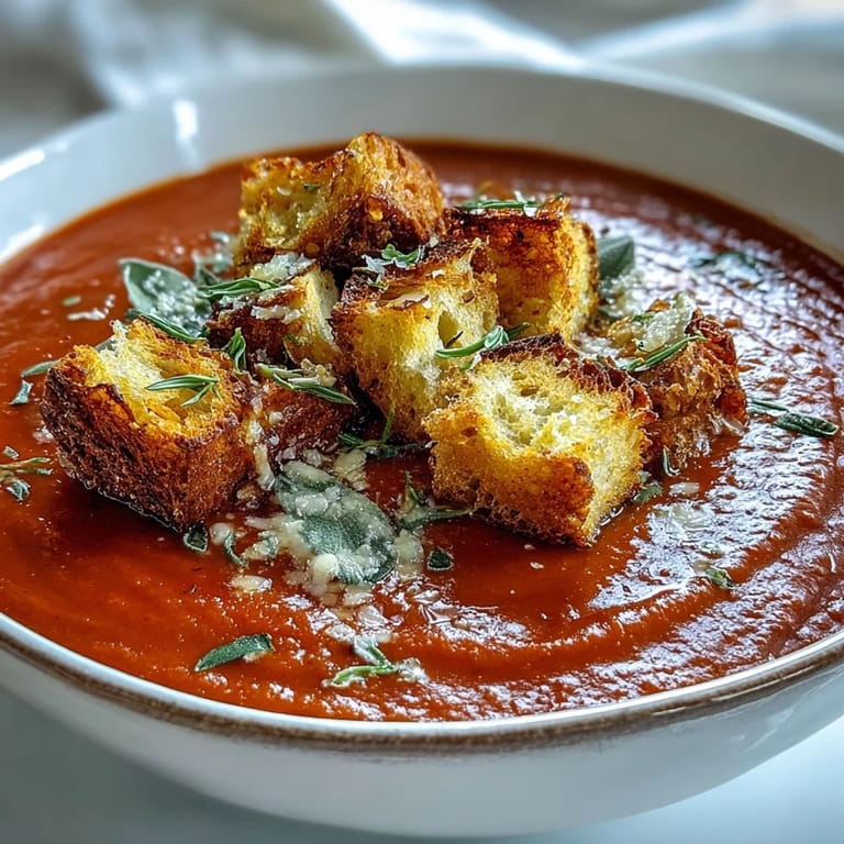 A bowl of Roasted Red Pepper Soup with Crispy Croutons garnished with fresh parsley.