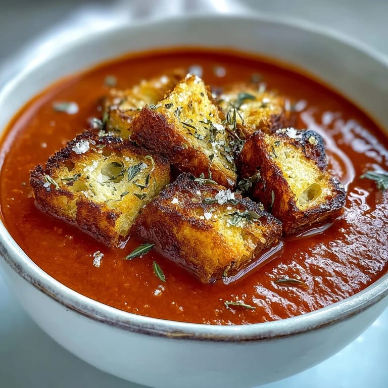 Vibrant Roasted Red Pepper Soup with Crispy Croutons, ready to serve with a slice of bread.