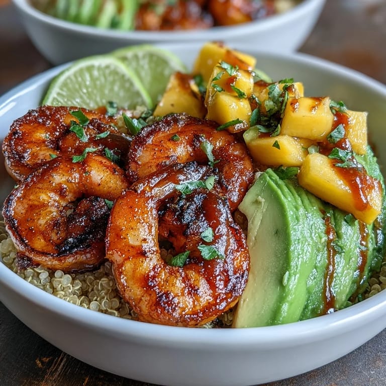 Perfectly charred shrimp and cool avocado pair beautifully in this healthy, gluten-free dinner bowl, finished with a drizzle of lime chili sauce.