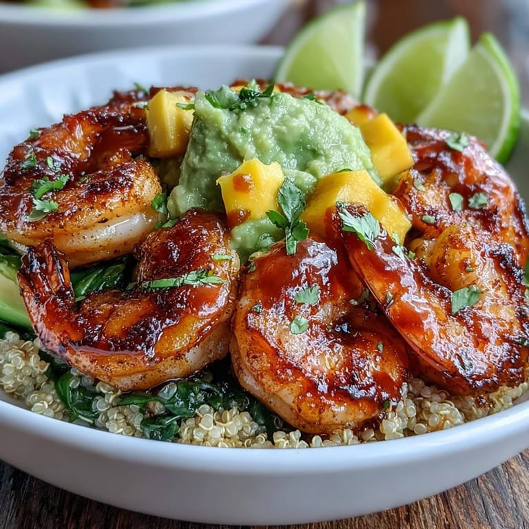 This colorful fusion meal showcases juicy mango salsa and tender shrimp over quinoa, ready for a refreshing weeknight dinner.