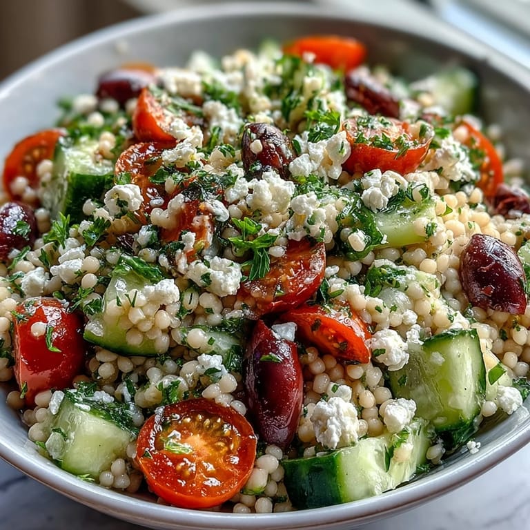 Bright Mediterranean Pearl Couscous with cherry tomatoes, olives, and crumbled feta, tossed in an oregano vinaigrette.