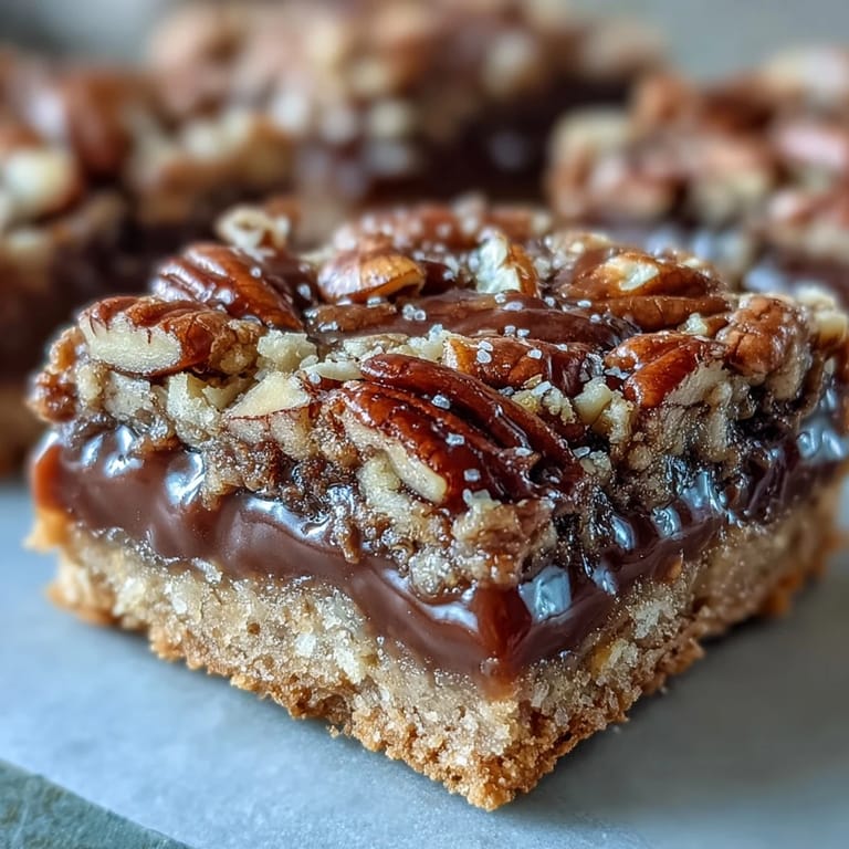 A slice of Decadent Sweet and Chewy Turtle Bars shows gooey caramel and chocolate layered over golden crust.