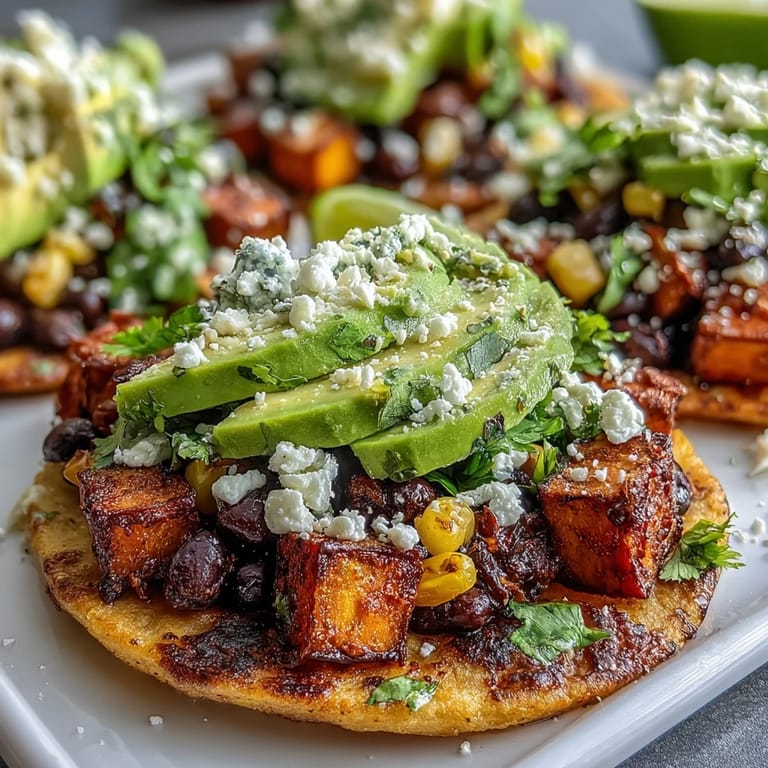 Roasted sweet potatoes and limey black beans piled high on crunchy tostada shells topped with creamy avocado and crumbled feta.