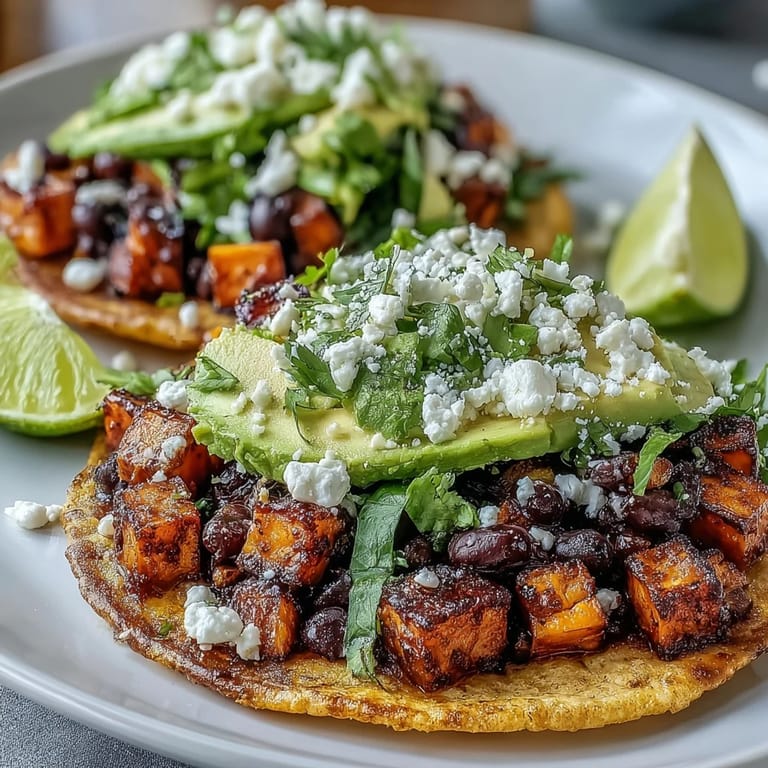 Vegetarian and gluten-free Black Bean and Sweet Potato Tostadas finished with avocado and feta for a zesty, satisfying lunch.