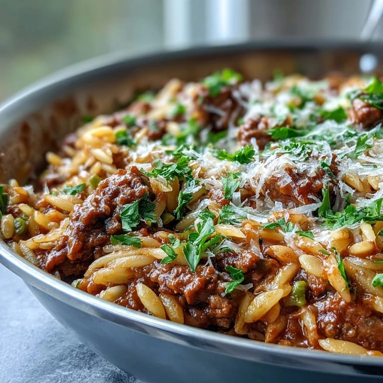 A close-up of the savory Comforting Ground Beef Orzo Dinner with colorful bell peppers, peas, and rich tomato broth.