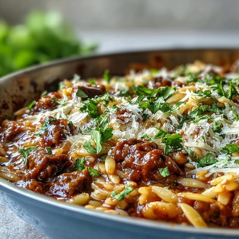 Spoon serving the hearty Comforting Ground Beef Orzo Dinner, showing tender orzo, juicy ground beef, and melted cheese.