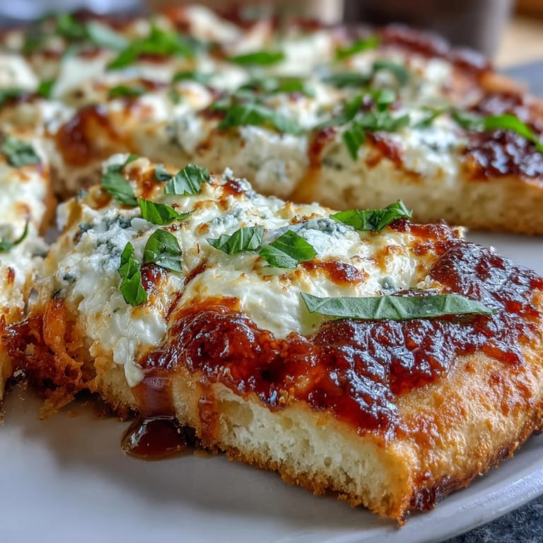 Slices of hot honey ricotta pizza garnished with fresh basil leaves on a rustic wooden cutting board.