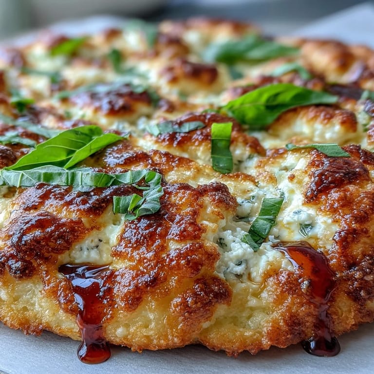 A close-up of hot honey ricotta pizza being drizzled with spicy honey over melted cheese.