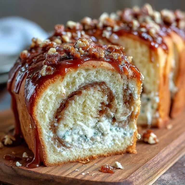 A thick slice of Caramel Cream Cheese Bread reveals a rich cream cheese center and caramel drizzle.