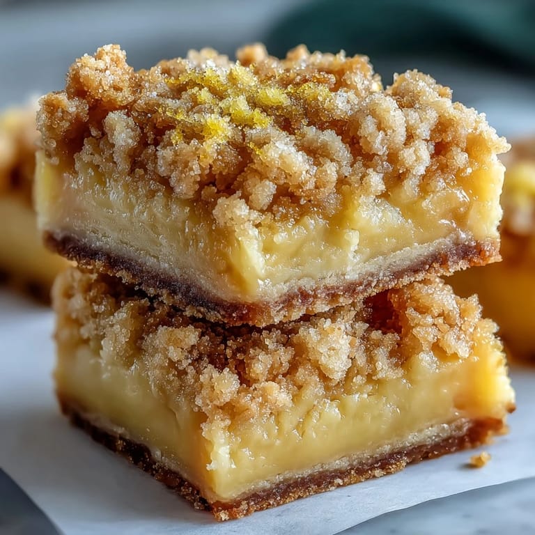 Freshly cut squares of Homemade Lemon Crumb Bars dusted with powdered sugar served on a white plate.