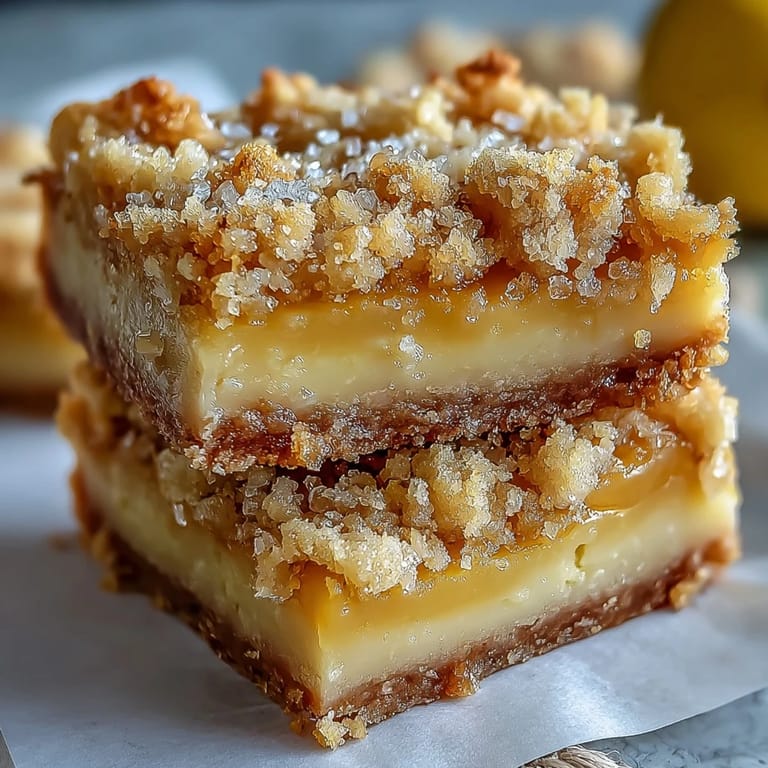 A close-up of a stacked Homemade Lemon Crumb Bars revealing tender crumbs and a zesty, citrus filling.
