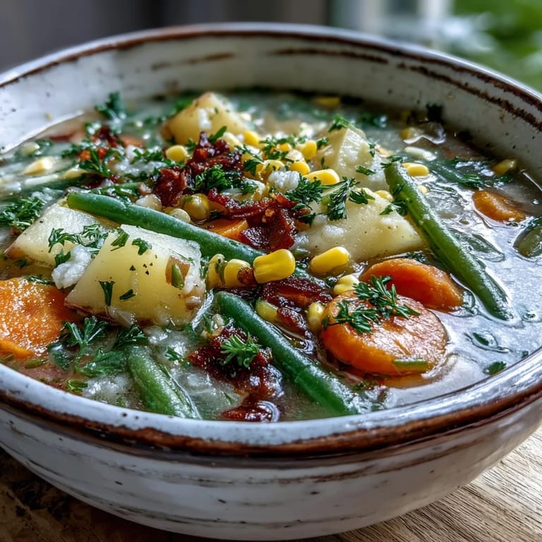 A ladle of Amish Snow Day Soup reveals tender potatoes, carrots, and corn in a velvety, herb-infused broth.