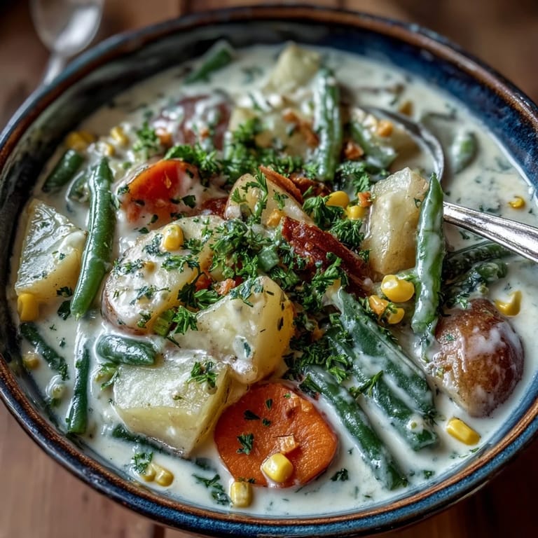 Amish Snow Day Soup simmering in a pot, featuring diced bell pepper and green beans with a swirl of cream.