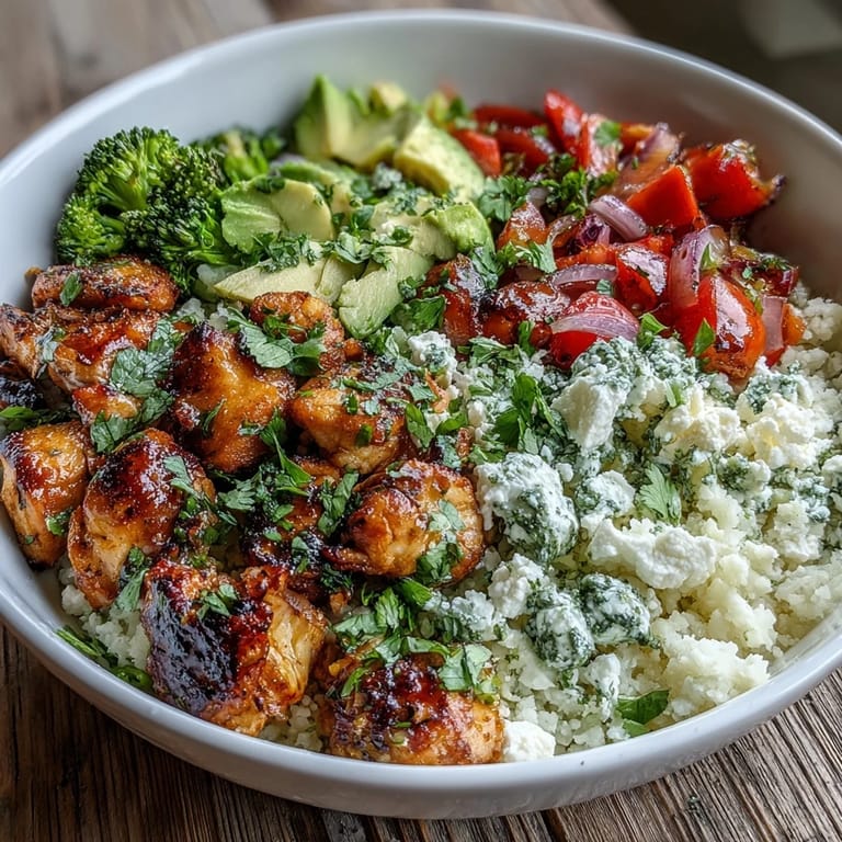 Savory Cauliflower Rice Bowl featuring sautéed riced cauliflower, roasted broccoli, and cherry tomatoes in a wholesome meal.
