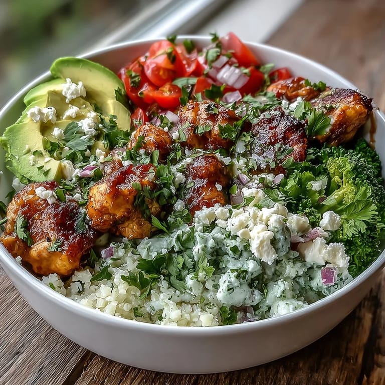 Healthy Cauliflower Rice Bowl topped with herbs, avocado, and a creamy tahini sauce for a nutritious dinner.