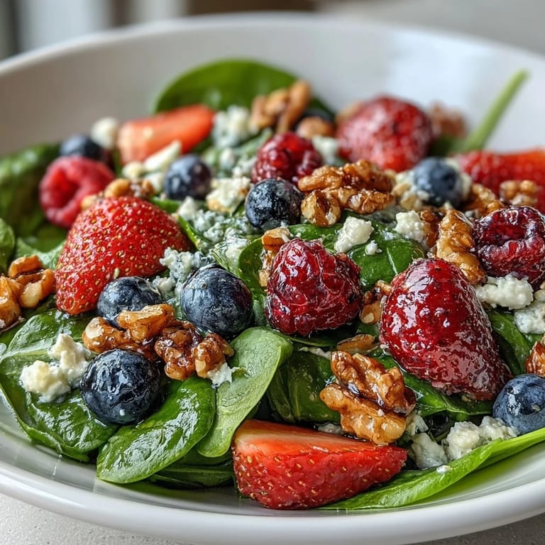 Fresh baby spinach and mixed berries tossed with crumbled goat cheese and crunchy walnuts, drizzled with balsamic vinaigrette.