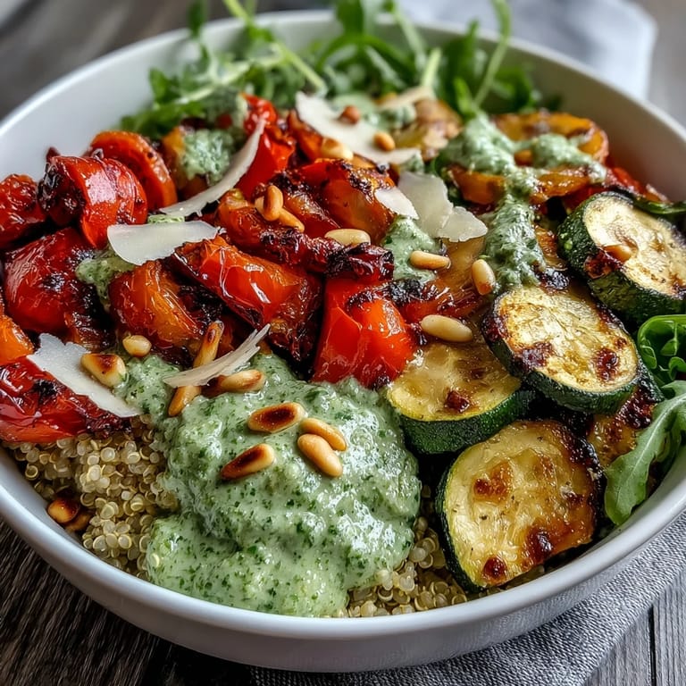 Colorful Arugula Pesto Bowl garnished with pine nuts, served fresh in a white bowl for a healthy lunch.