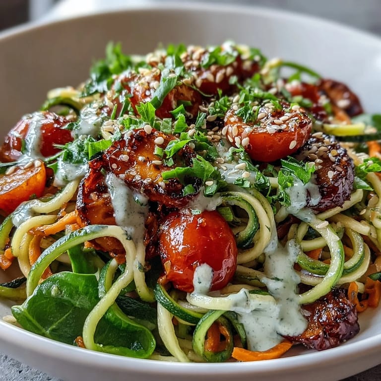 A close-up of colorful spiralized vegetable noodles with cherry tomatoes, spinach, and toasted sesame seeds ready to serve.