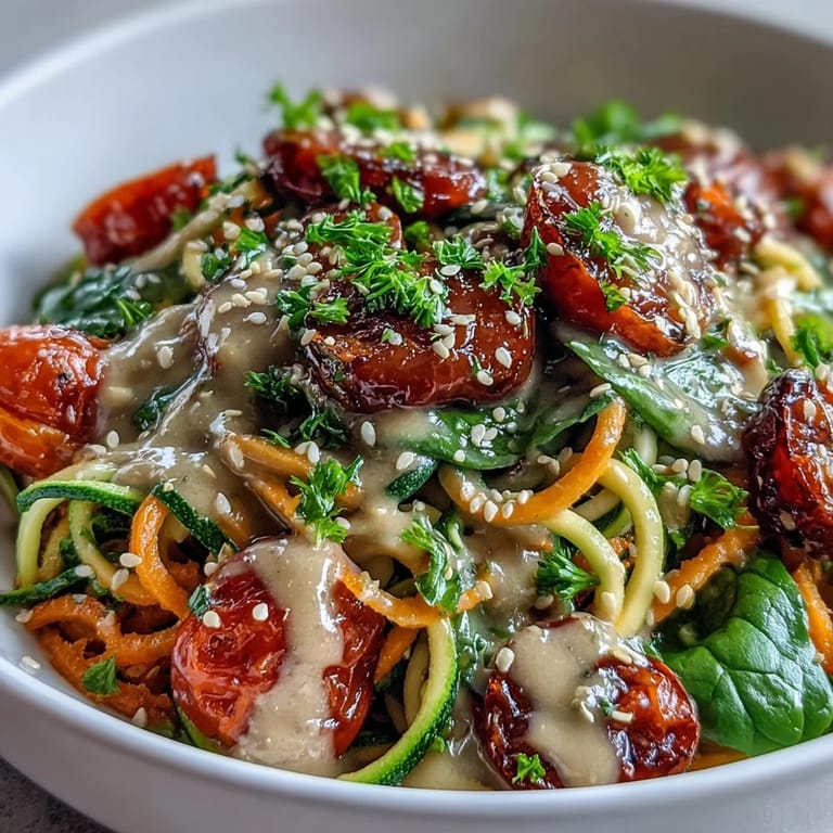 Healthy spiralized vegetable bowl garnished with fresh parsley, featuring gluten-free sweet potato and zucchini noodles in a lemony tahini dressing.