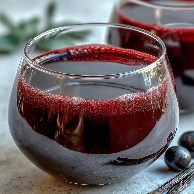 Sweet Crème de Cassis in a wine glass, garnished with blackcurrants, ready to be mixed into a classic Kir Royale cocktail.