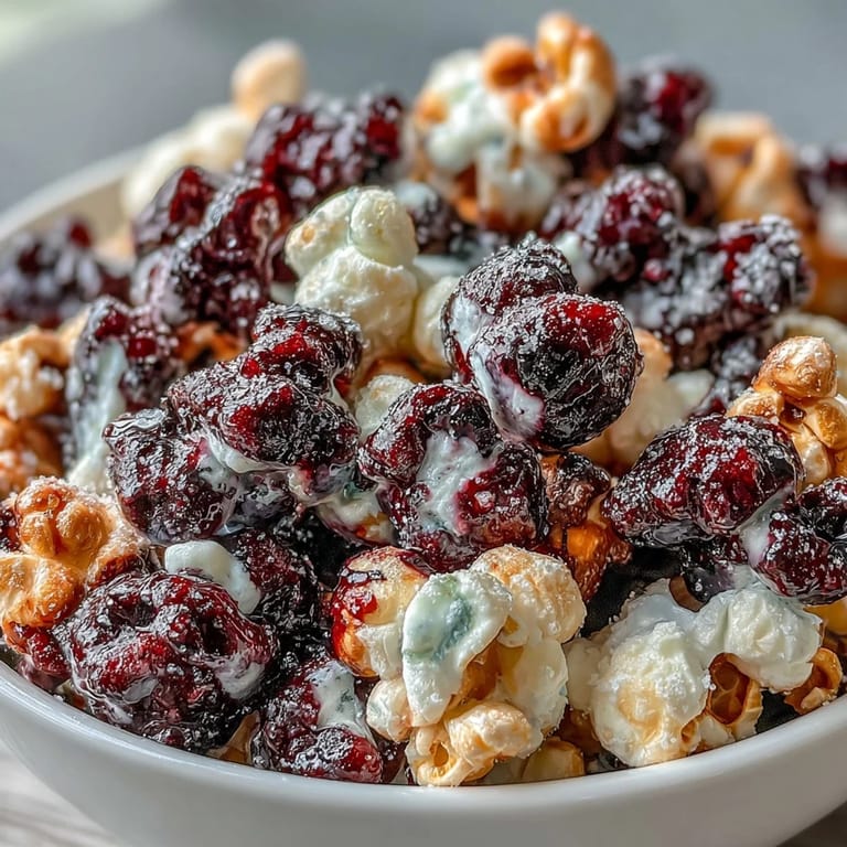 Close-up of Black Currant Cheesecake Kettle Corn showing crunchy kernels and tangy purple coating.