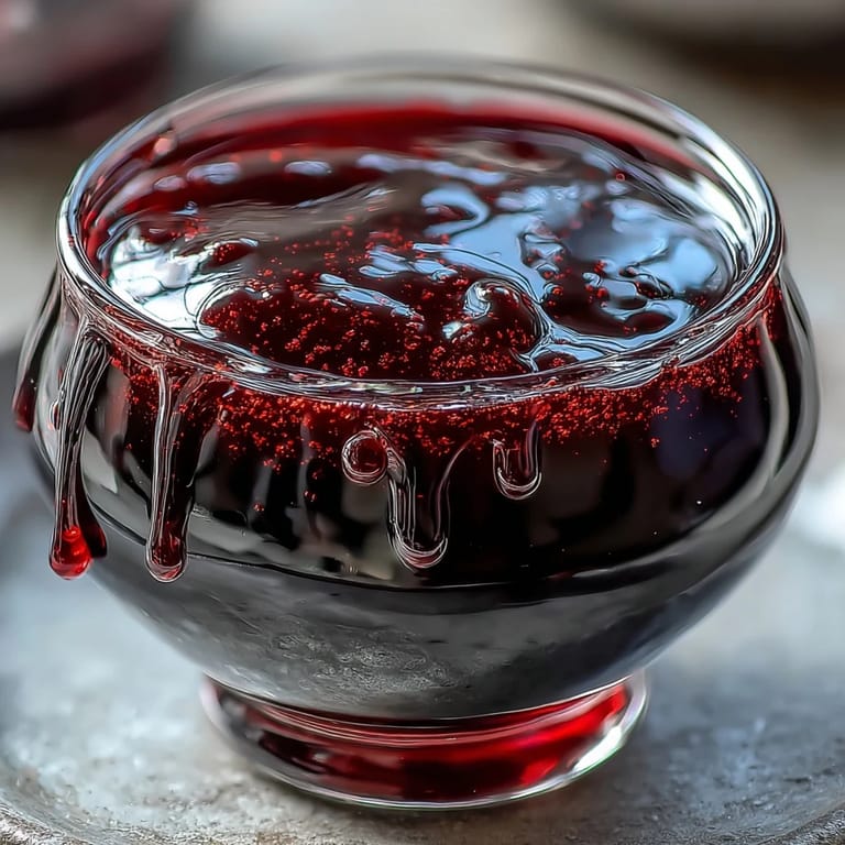 A small glass of sparkling water topped with Black Currant Syrup and fresh berries, creating a vibrant summer drink.