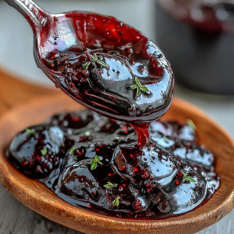 Deep purple Black Currant Glaze poured from a small pan over roasted root vegetables.