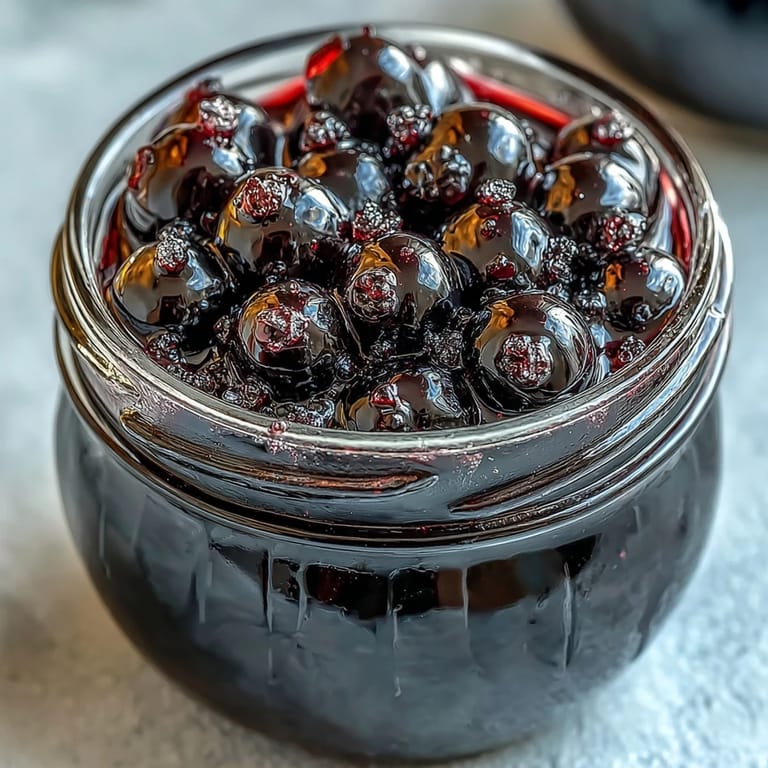 Close-up of Easy Blackcurrant Liqueur poured over ice, garnished with fresh blackcurrants for a vibrant cocktail presentation.