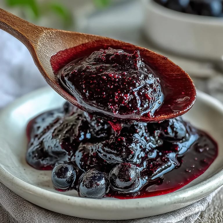 Close-up of Black Currant Jelly in a sterilized jar, with fresh black currants and a lemon wedge nearby.