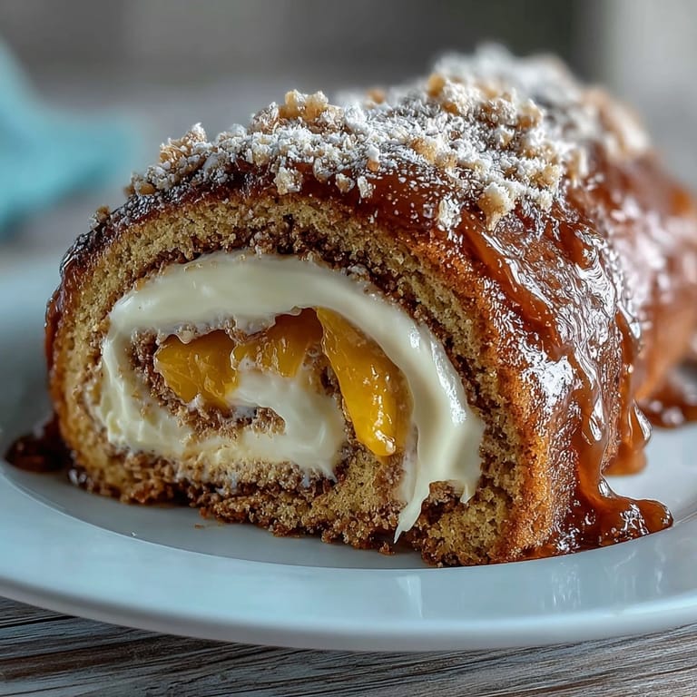 Overhead shot of Hojicha Roll Cake on a ceramic platter, garnished with hojicha powder and mango pieces.