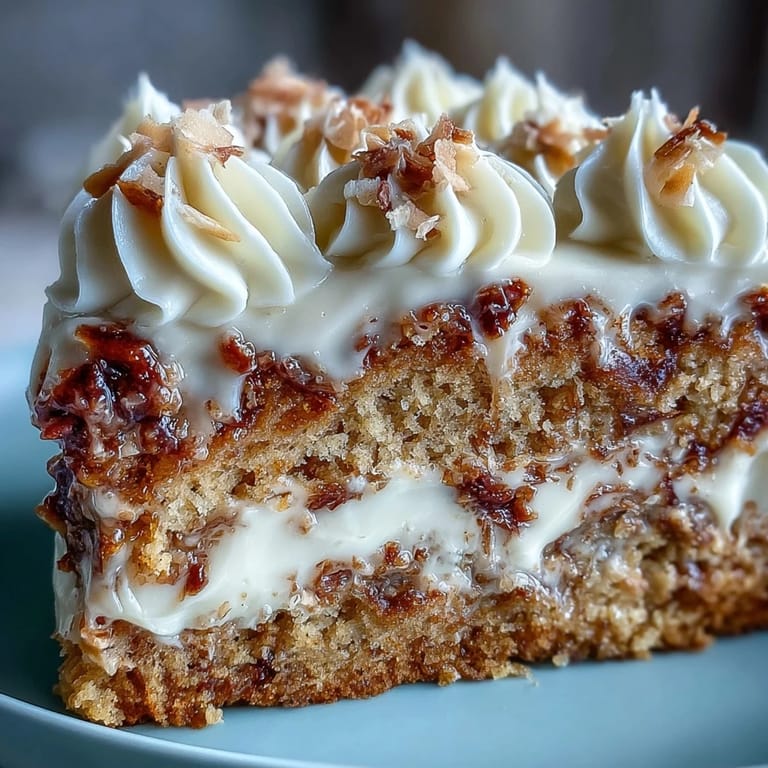 A slice of Vegan Hojicha Latte Cake with creamy coconut frosting and toasted flakes, served on a ceramic plate.