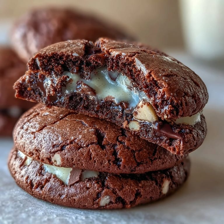 A stack of Hojicha Brownie Cookies reveals chewy, fudgy interiors and melted white chocolate, perfect for an afternoon tea treat or sweet indulgence.