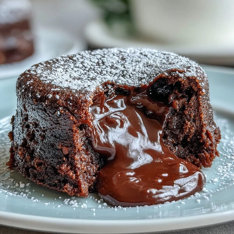 A warm Hojicha lava cake topped with powdered sugar, served alongside a scoop of vanilla ice cream.