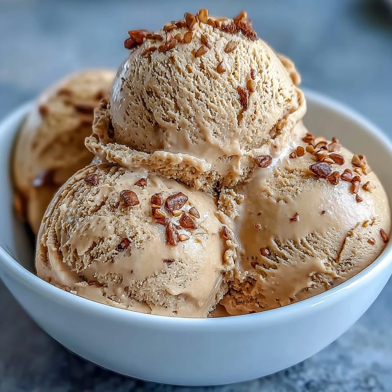 Creamy Hojicha Ice Cream is scooped into a glass bowl with a sprinkle of toasted sesame seeds for garnish.