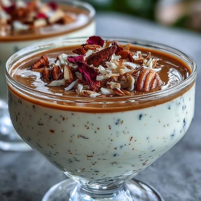 Chilled Japanese Hojicha Panna Cotta served with edible flowers on a rustic table.