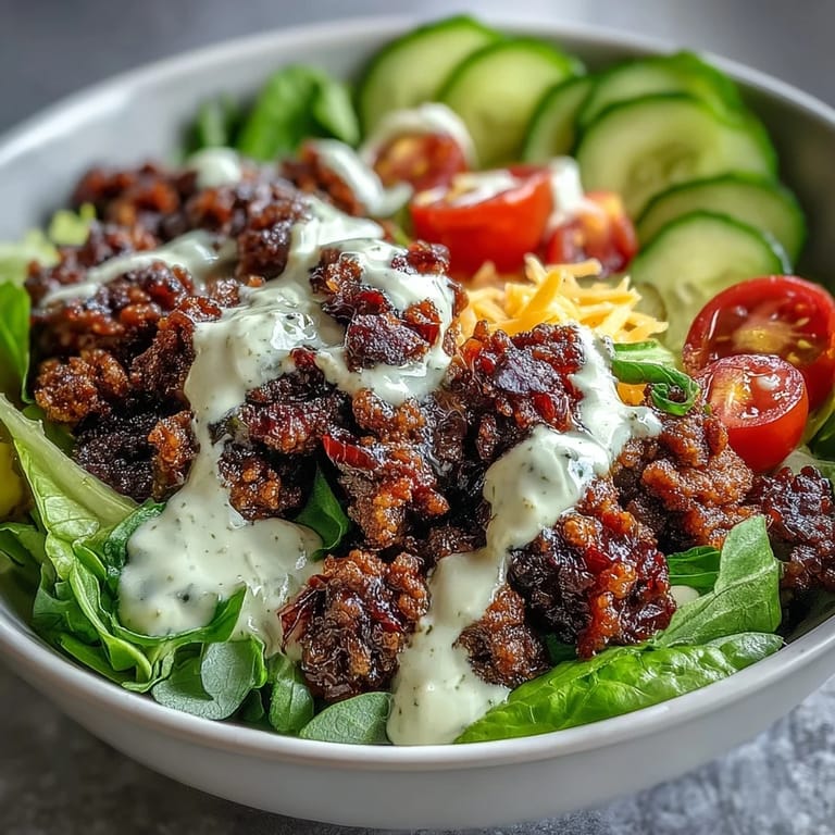 High-Protein Cheeseburger Bowls feature juicy beef, tomatoes, pickles, and onions over lettuce with creamy burger sauce.