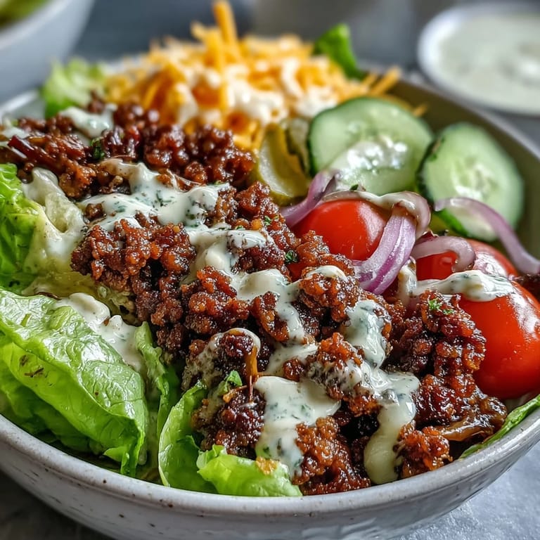 Loaded High-Protein Cheeseburger Bowls with melted cheddar, ground beef, and fresh toppings, perfect for a low-carb meal.