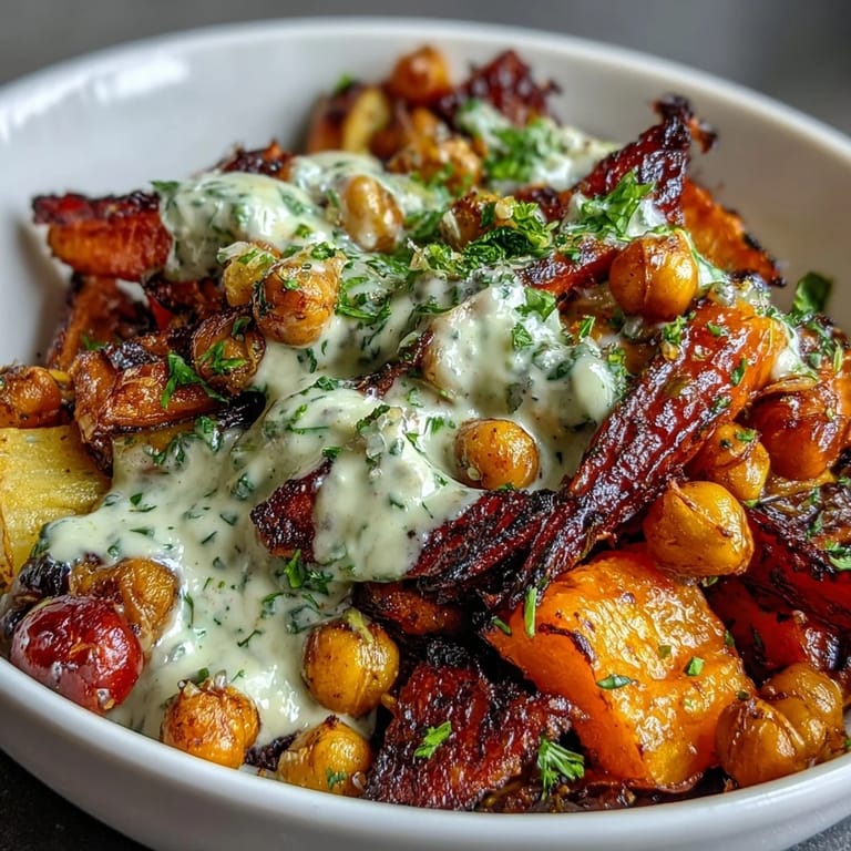 Close-up of caramelized One-Pan Roasted Carrot and Chickpea Bowl ingredients glistening with olive oil and smoked paprika.