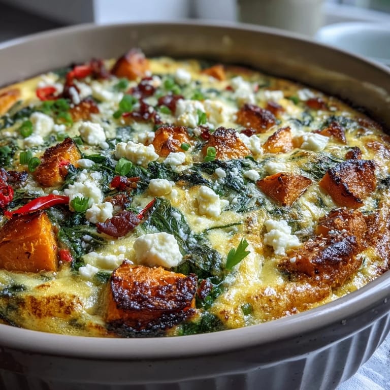 Sliced wedges of Easy Sweet Potato Egg Casserole show fluffy eggs, tender sweet potato cubes, and fresh spinach throughout.