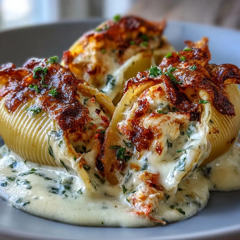 Creamy Seafood Stuffed Shells served on a rustic wooden table with a glass of white wine.
