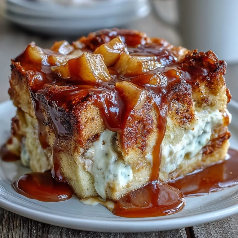 Caramel Apple Cheesecake Bread Pudding served warm in a baking dish, ready to be scooped for a cozy fall dessert.