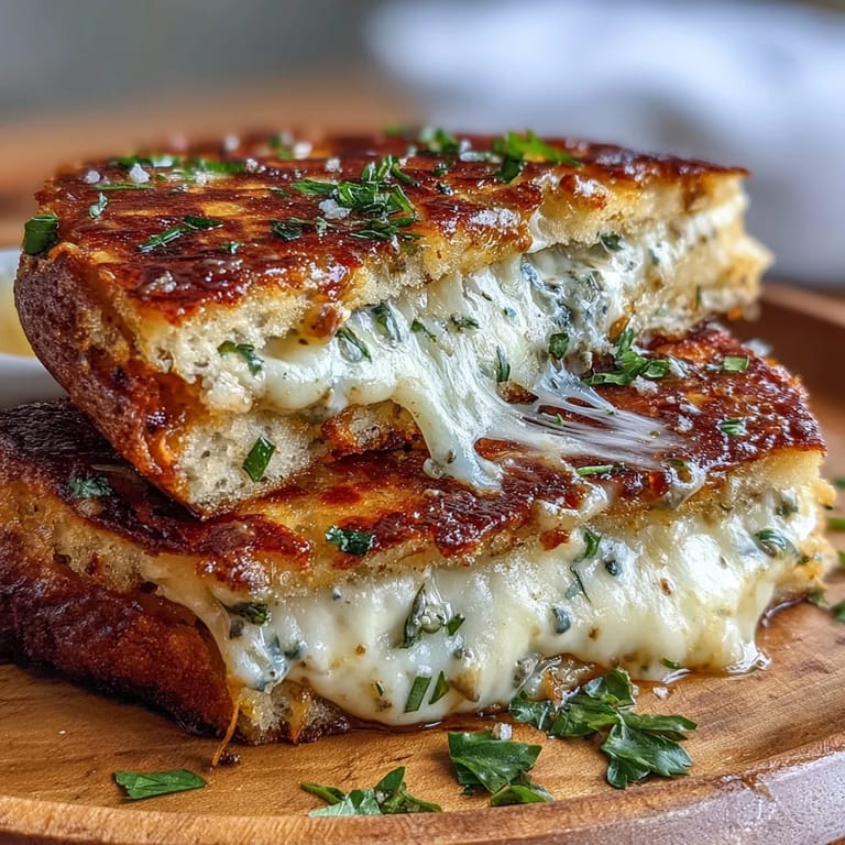 Golden toasted naan sandwich with gooey cheese and herbs served on a rustic cutting board.