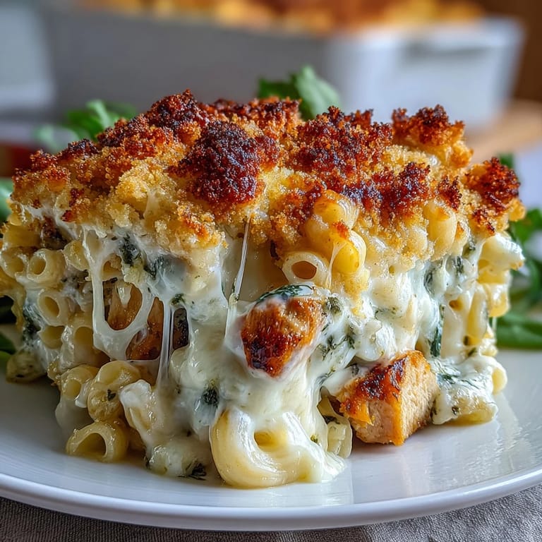 Creamy Baked Pesto Chicken Mac & Cheese in a white casserole dish, garnished with fresh basil and served alongside salad.