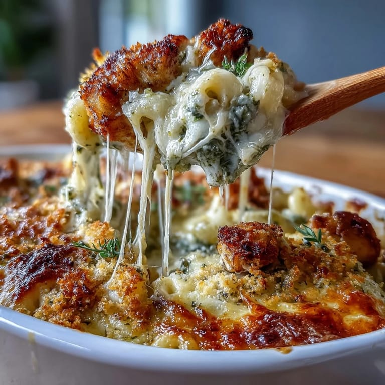 Close-up of Baked Pesto Chicken Mac & Cheese revealing tender pesto chicken pieces and gooey cheddar mozzarella sauce.