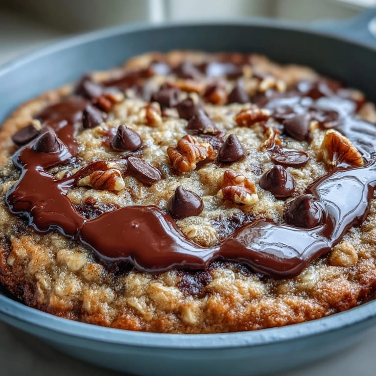 Freshly baked Chunky Monkey Oatmeal Cookie Skillet served warm from the oven with a gooey center.