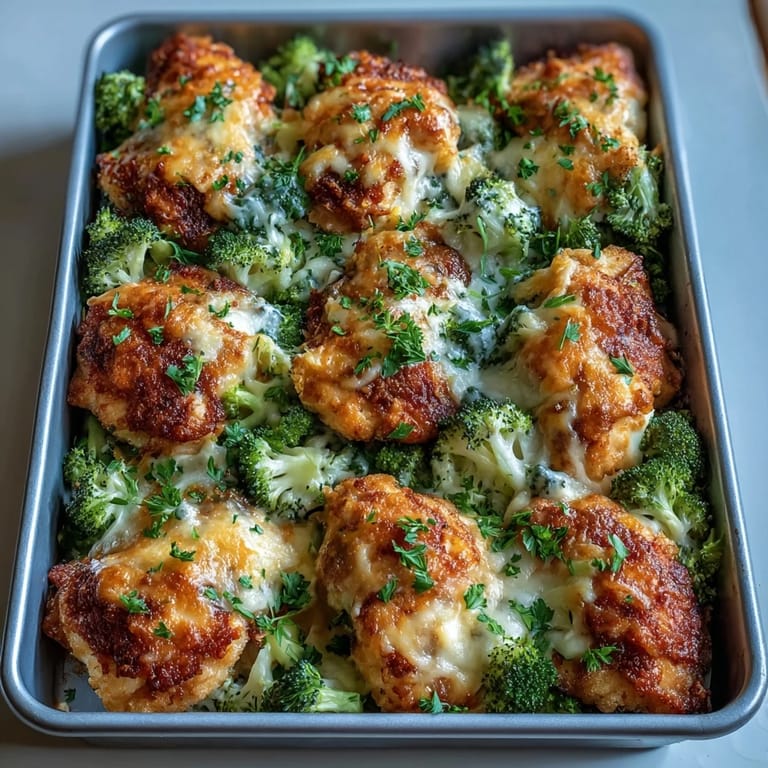 Garnished sheet pan meal of ranch chicken breasts and broccoli with golden cheddar, ready to serve.