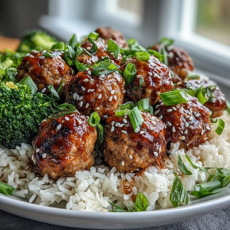 Steamed broccoli florets and glazed Honey Garlic Turkey Meatballs served hot over jasmine rice for a family-style bowl.
